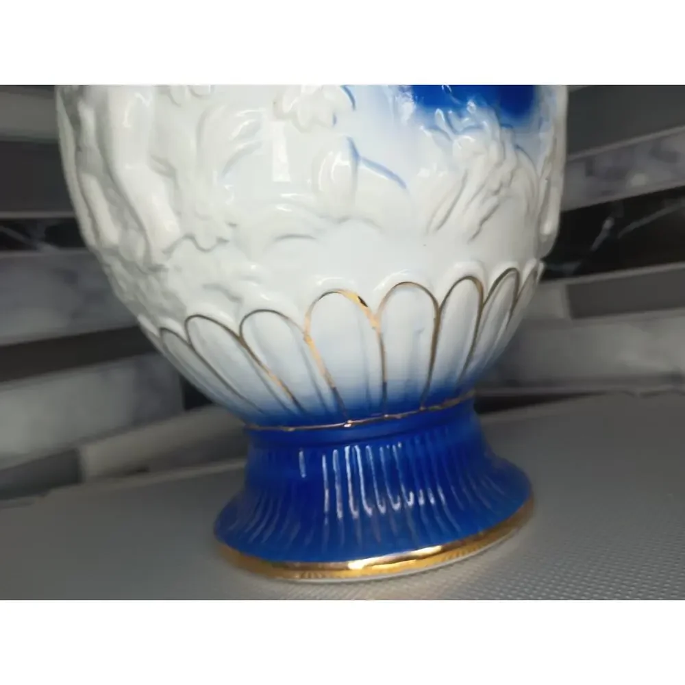 Vintage Cobalt Blue Cherub Angel Porcelain Urn Vase Gold Trim Handles Ceramic